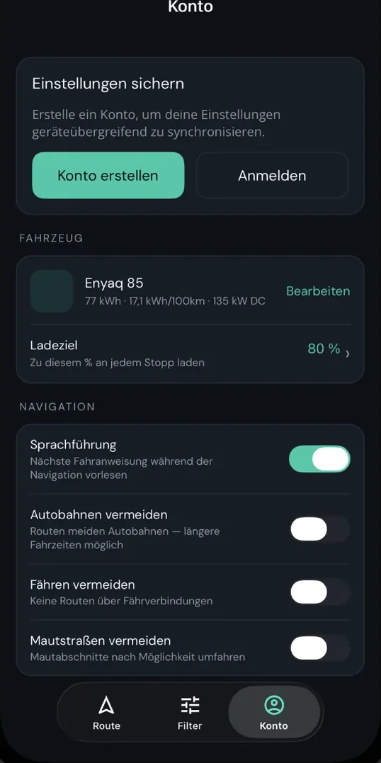 Account- / Fahrzeugprofil-Bildschirm