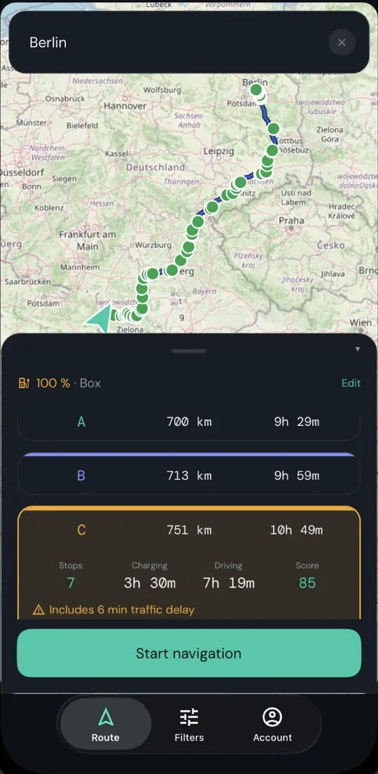 Route options comparison screen